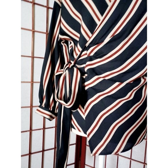 Zara Black Striped V-Neck Long Sleeve True Wrap Blouse - Picture 6 of 16